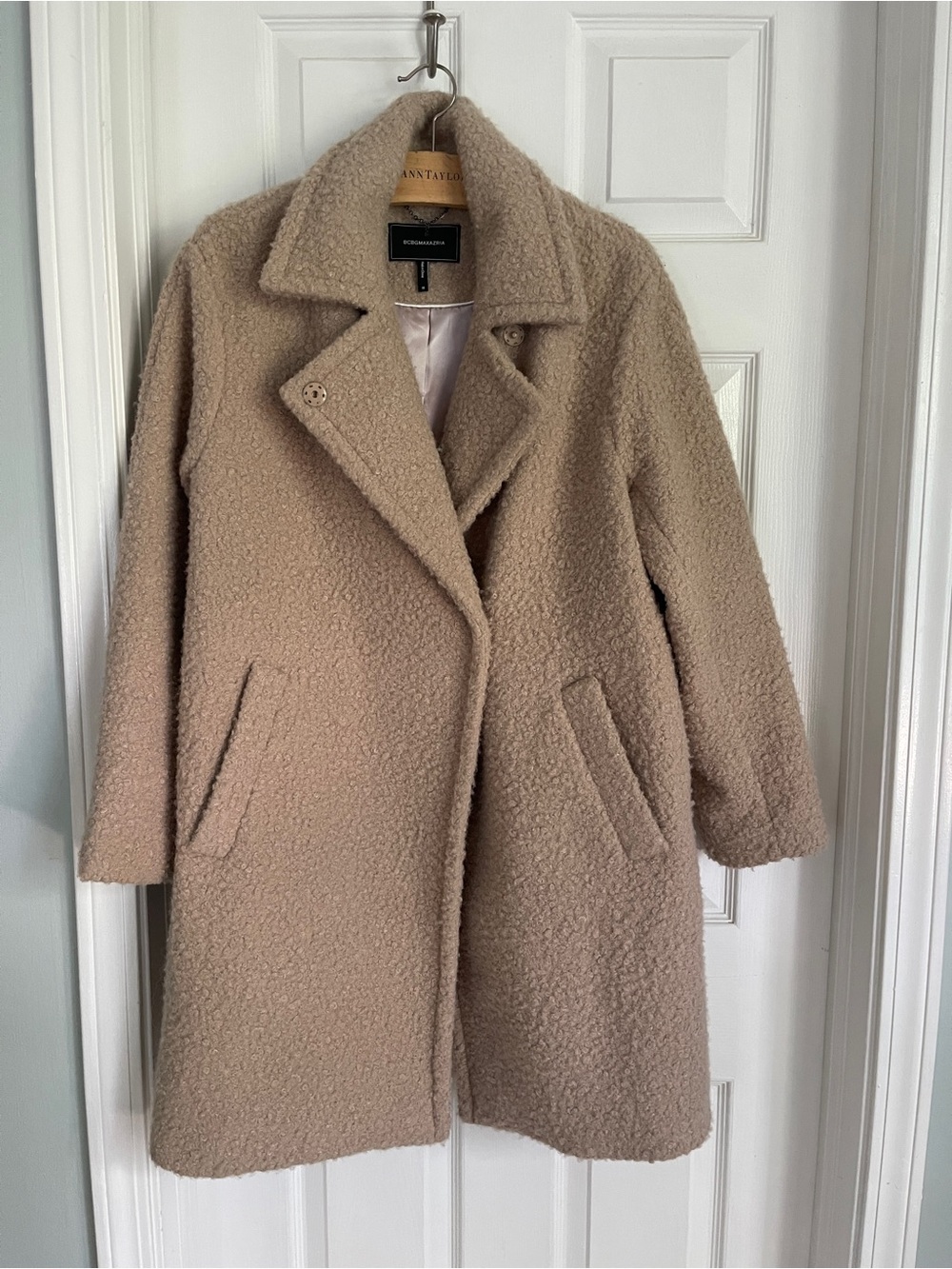 BCBGMaxAzria Taupe Teddy Coat with Notch Collar